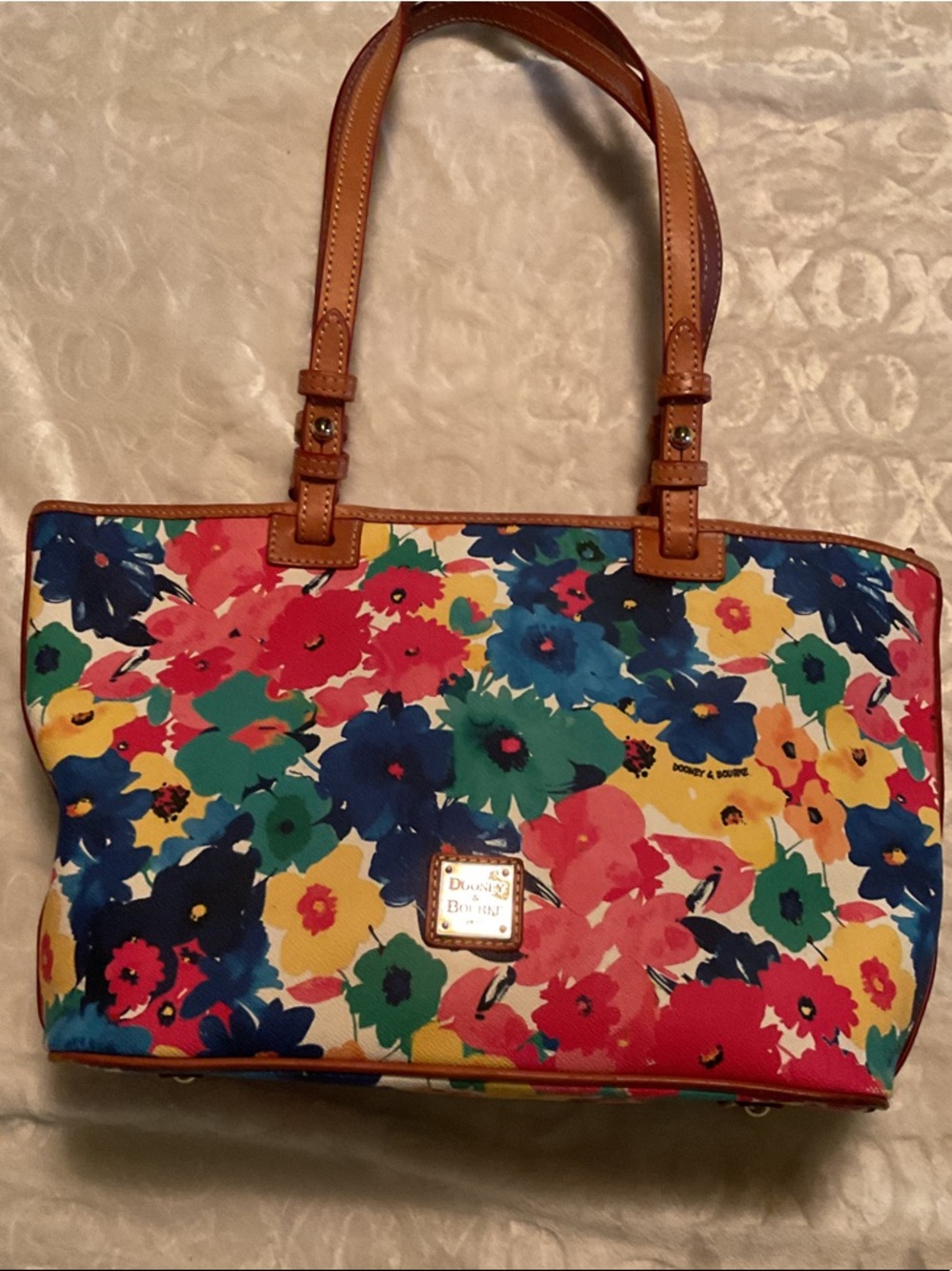 Dooney & Bourke Multicolor Floral Canvas Tote with Tan Leather Trim